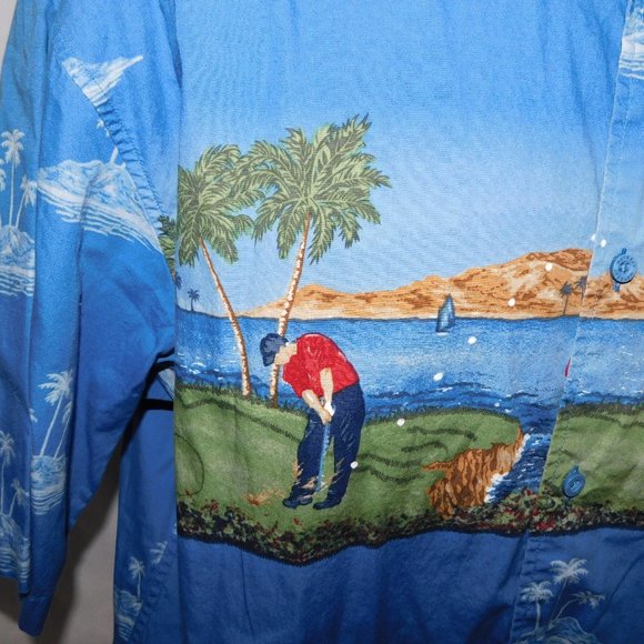 RETREAT Mens L  Island Golf Scene Blue Button Front Short Sleeve Shirt - Picture 4 of 13